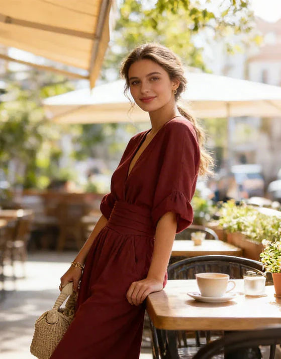Daniela - Elegante tuta con scollo a V e gamba ampia